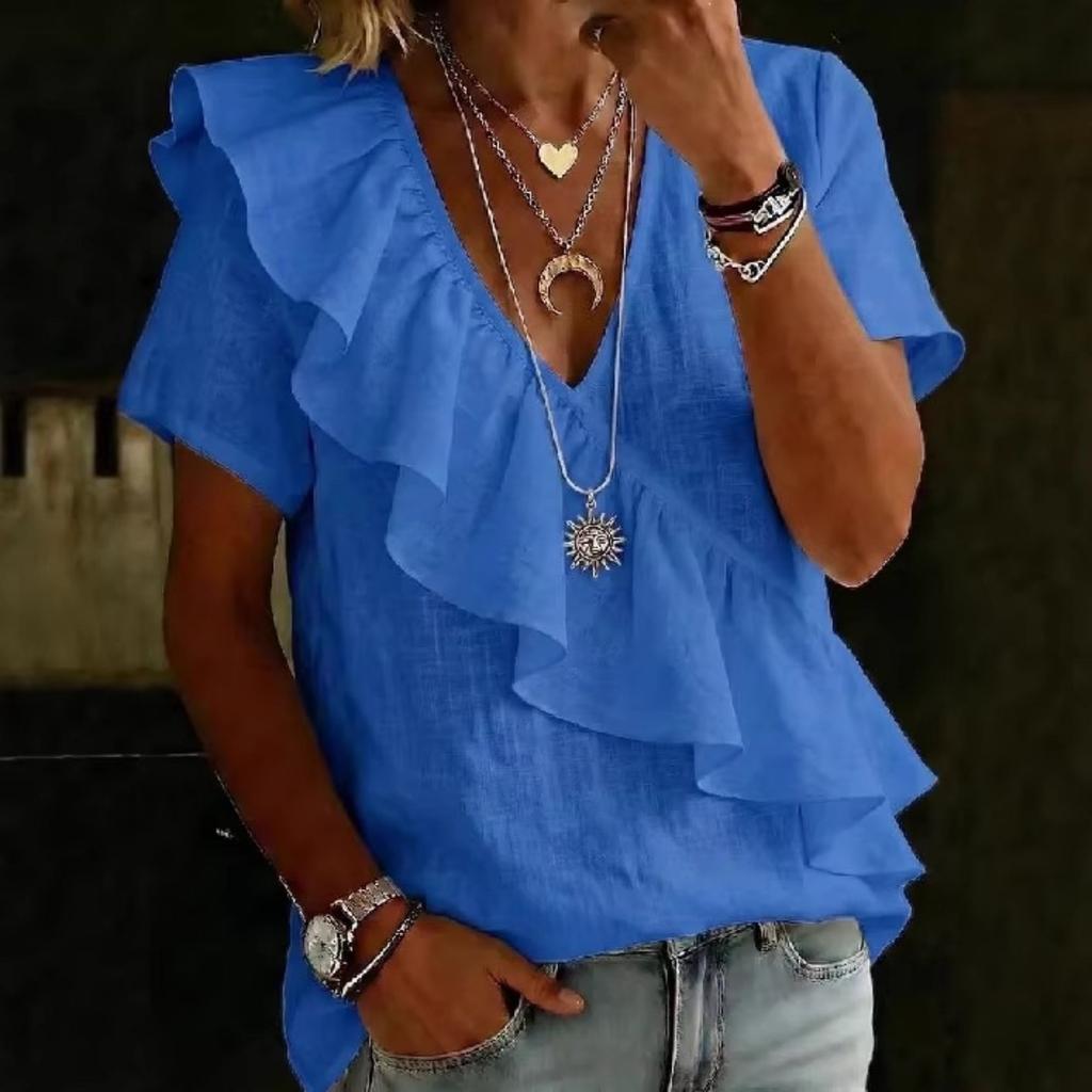 Damen Mode Kurzarm Top Einfarbige V-Ausschnitt Rüschen Europäischer Amerikanischer Stil Strandurlaub Bluse