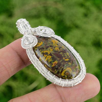 Daughters Day Sale Natural Rhyolite Sterling Silver Wire Wrapping Bezel Pendant