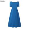 ZANZEA Elegant Women Square Collar Summer Casual Short Sleeve Dress