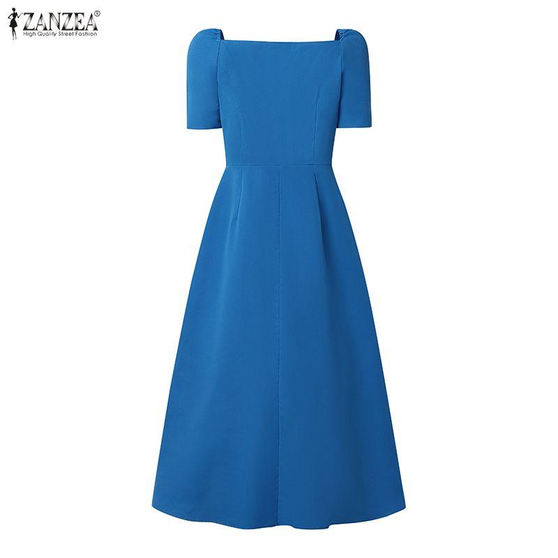 ZANZEA Elegant Women Square Collar Summer Casual Short Sleeve Dress