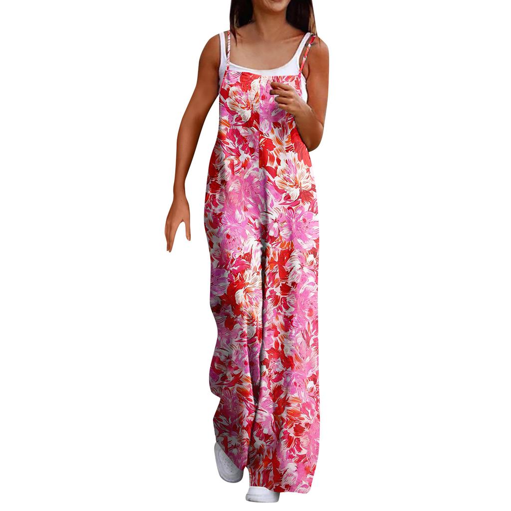Wide Leg Overalls For Women Casual Loose Sleeveless Print Button Long Pant Romper Jumpsuit With Pockets