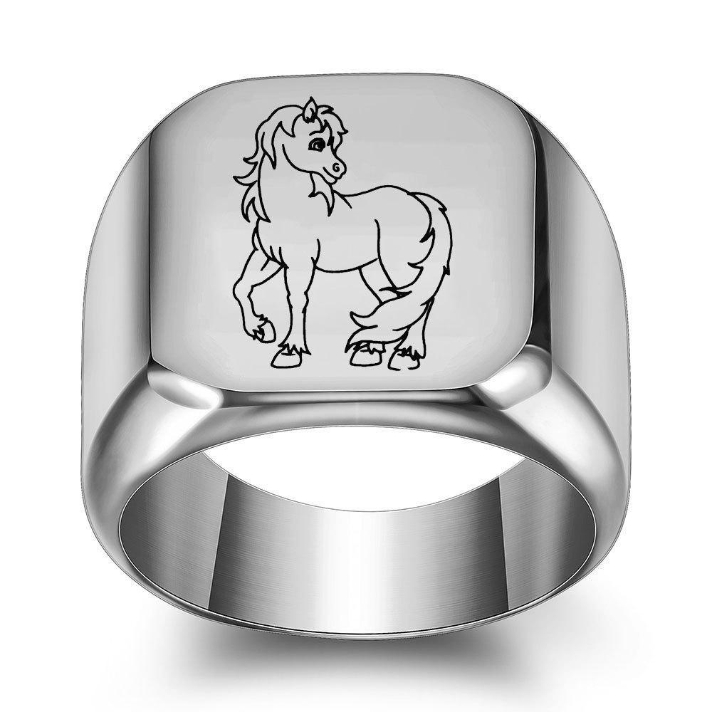 18MM Square Laser Engraved Stainless Steel Pony Ring - Versatile & Stylish Fashion Accessory Size 14