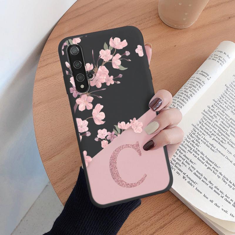 Initial Letter Silicone Case For Huawei Nova 5T Shell Retro Pink Flower Soft TPU Back Cover For Huawei Nova5T Capa Cute Coque