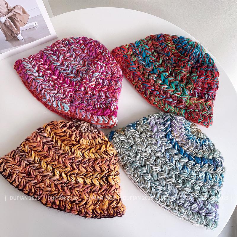 Autumn Winter New Dopamine Color Coarse Wool Knitted Bucket Hat Women'S Warm And Versatile Big Display Washbasin Hat