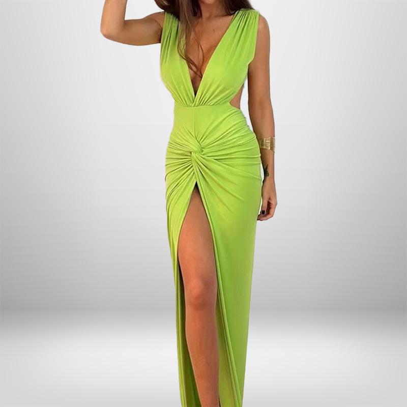 

Летнее женское темпераментное и элегантное однотонное платье без рукавов с высокой талией S зелёный