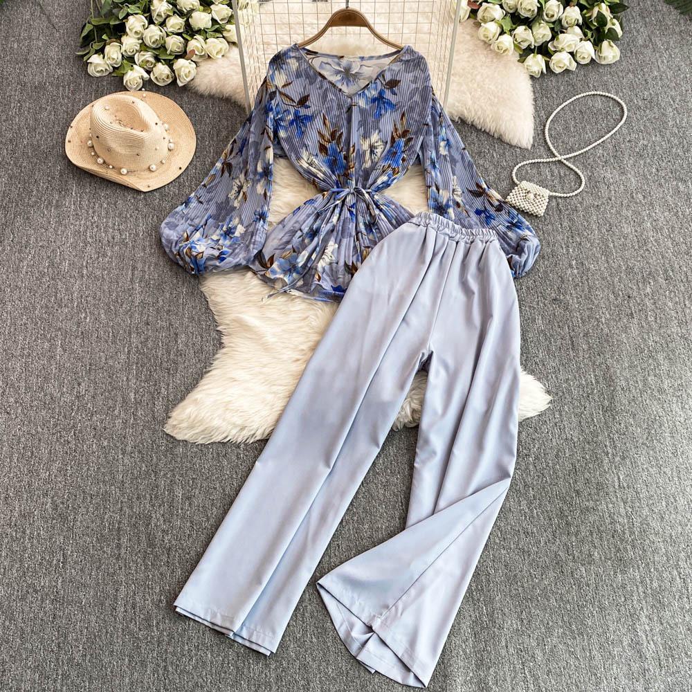 Mature Style Two-Piece Women's Suit: Loose Floral Pleated Shirt & High Waist Wide Leg Trousers
