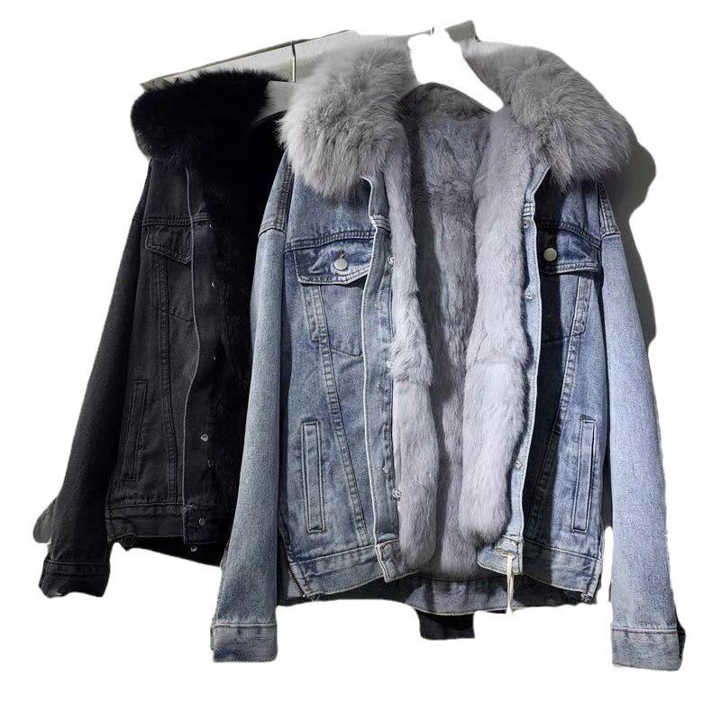 Jachetă scurtă de damă din denim, stil coreean de iarnă 2023, cu guler mare de blană, croială lejeră, cu pluș și căptușeală groasă de bumbac