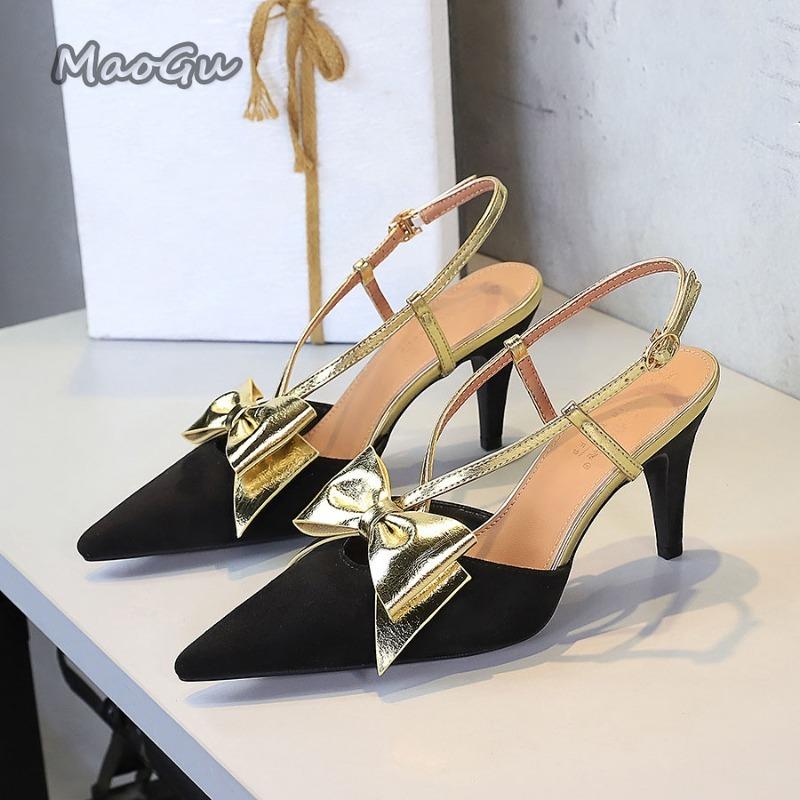 

Французские банкетные замшевые туфли-лодочки с острым носком, на высоком каблуке, с ремешком на щиколотке и бантом, элегантные туфли tacones de mujer 40 золотой