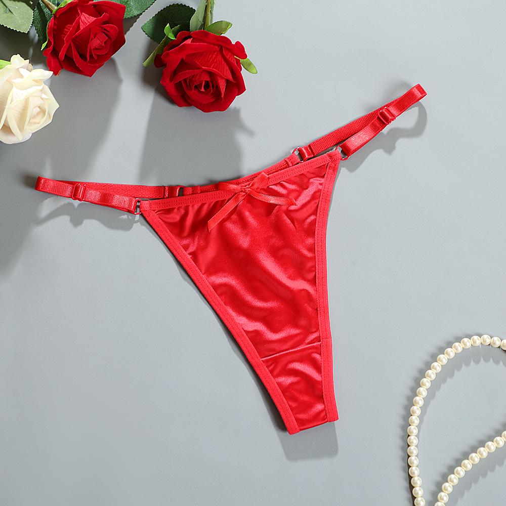 Women's Thong Adjustable Waistband Glossy Satin Solid Color Underwear Low Waist Smooth Silk Bowknot Female Underpants