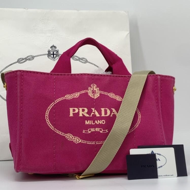 PRADA Canapa Mini Handbag Tote Shoulder Bag Canvas 2WAY Pink Logo Jacquard Women's