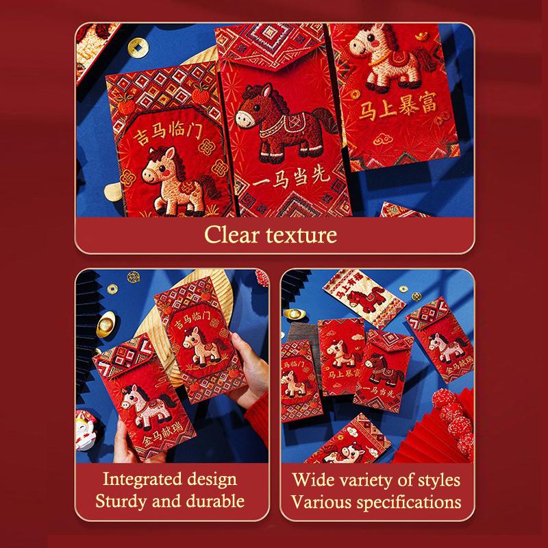 6 Pcs New Year Red Envelope 2026 Chinese Spring Festival Hongbao Traditional Lucky Money Packets Horse Year Money Pouch Decor