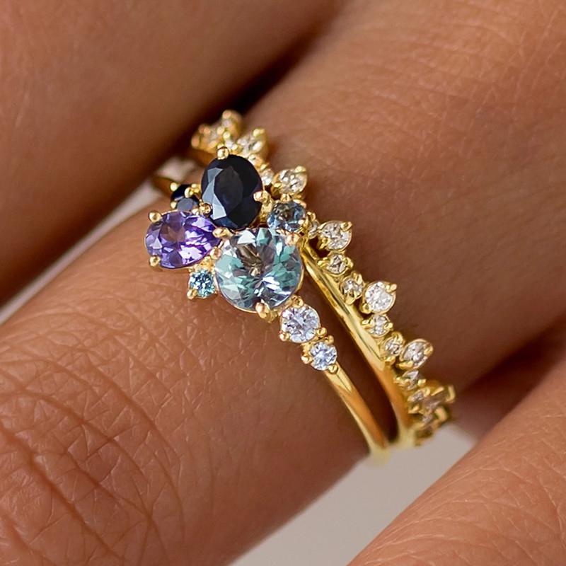 Huitan Multi Colored CZ Set Rings for Women Wedding Anniversary Party Luxury Elegant Lady Accessories Gold Color Fashion Jewelry