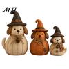 Rustic Pumpkin Figurine Sets 3Pcs Halloween Witch Cat Dog Statues, Resin Farmhouse Seasonal Home Soft Furnishings Ornaments for Autumn Thanksgiving,