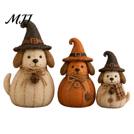 Rustic Pumpkin Figurine Sets 3Pcs Halloween Witch Cat Dog Statues, Resin Farmhouse Seasonal Home Soft Furnishings Ornaments for Autumn Thanksgiving,