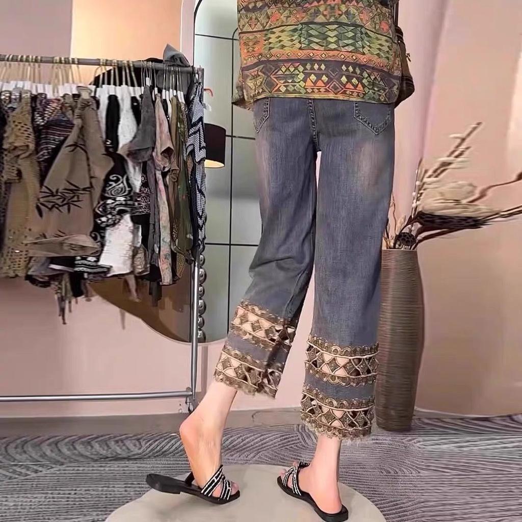 Hollowed Out Embroidered Straight Jeans Pants Female 2025 Summer High Waist Casual Denim Pants Fashion Cropped Pants