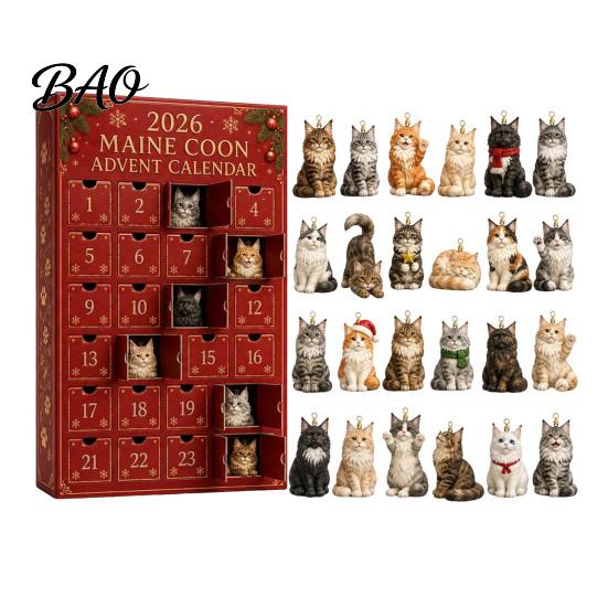Cat Countdown Calendar Christmas Advent Calendar, 24 Day with Cute Ornaments, Festive Room Decor 2D Acrylic Kitty Holiday Decorations, Gift for Kids,