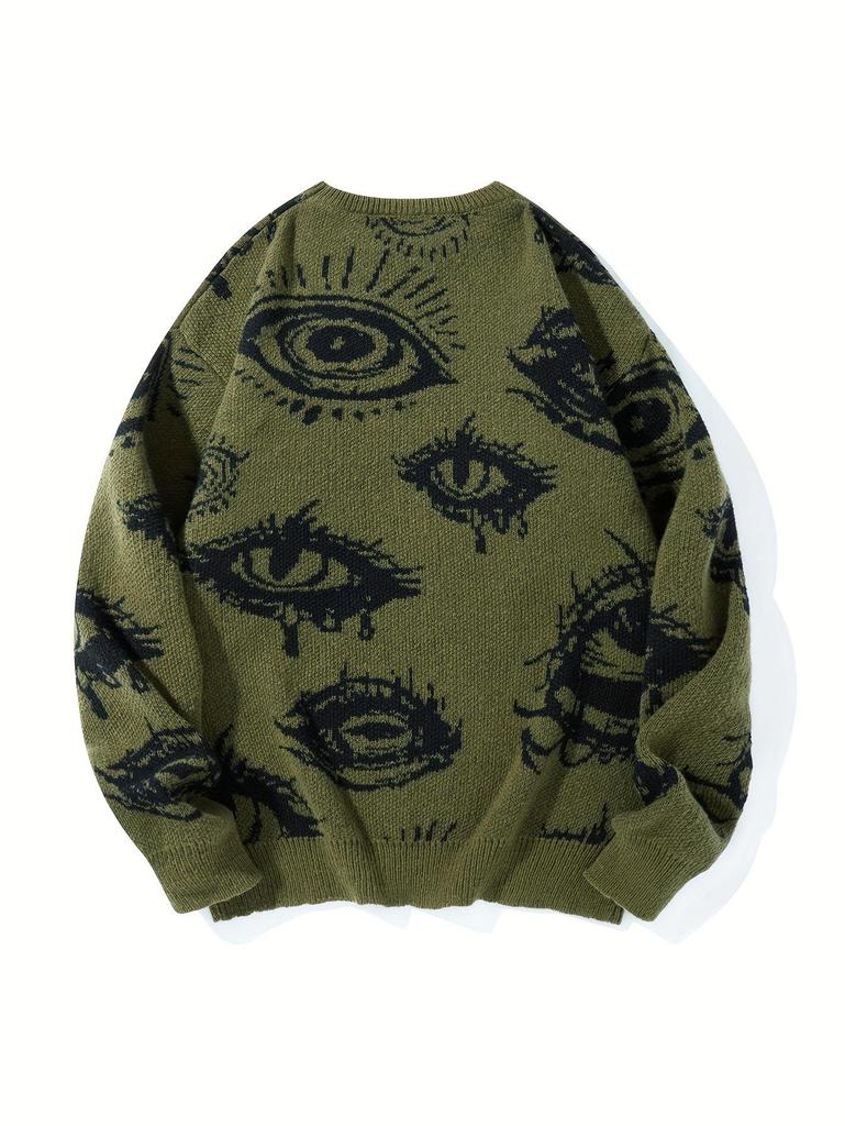 Men's Trendy Dark Style Eye Pattern Knit Sweater - European/American Streetwear, Autumn/Winter Collection