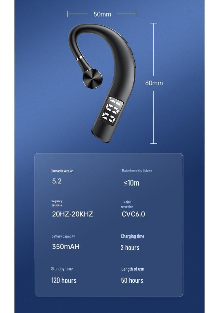 F19 Wireless Bluetooth Ear-Hook Sport Earphone with Noise Cancellation & Digital Display, Single Ear, 5.2