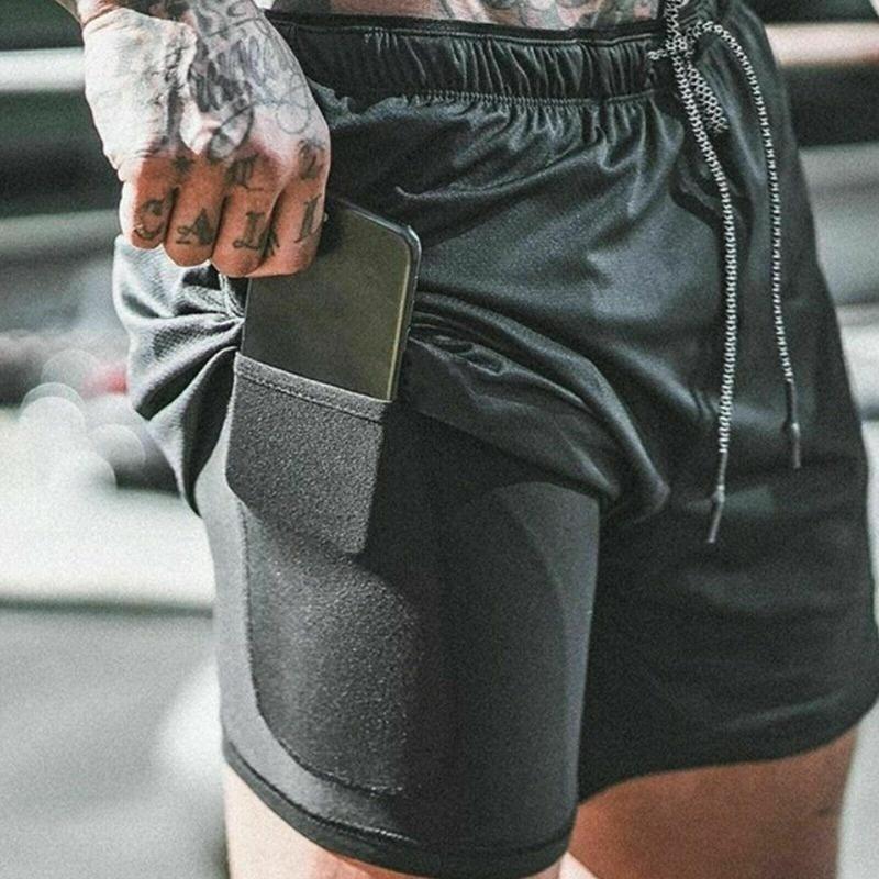 Mens Sports Gym Running Shorts Dual Layer Drawstring Quick Dry with Pocket Pants
