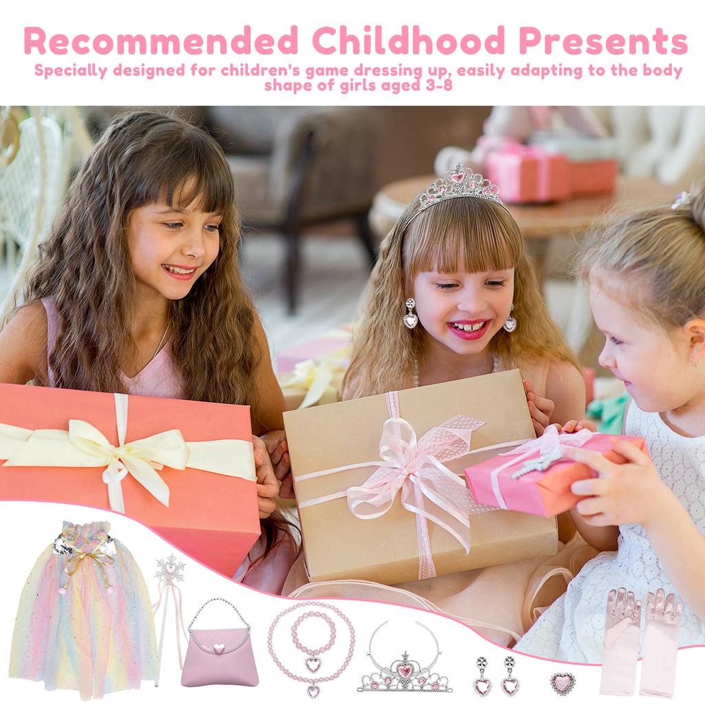 Princess Dress Up Clothes Set Princess Dress Up Cloak Set Mermaid Sequin Cape Kit with Crown Necklace Bracelet Ear Clips for Kid