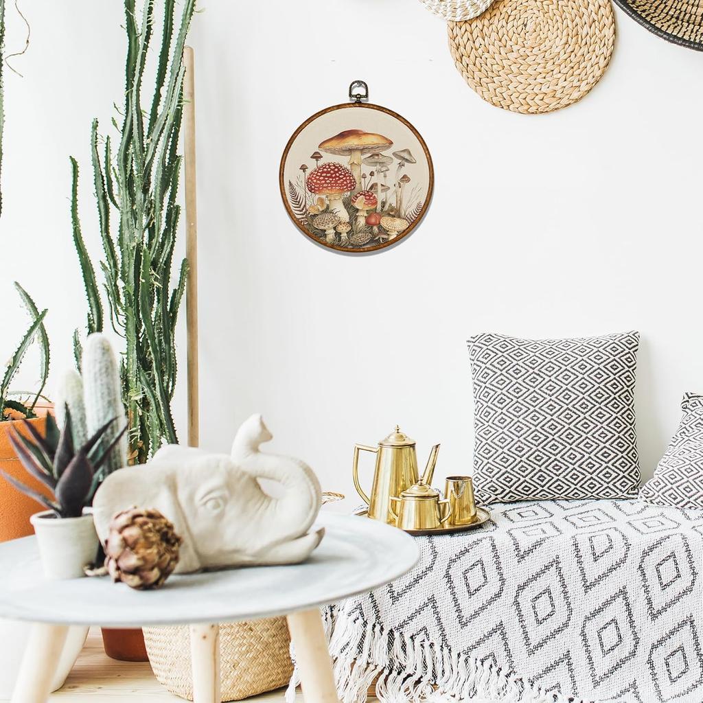 BCUANGD Vintage Mushroom Round Wall Art Decor - Retro Boho Botanical Wall Art Canvas Frame Artwork Prints, Neutral Cottagecore Round Wall Hanging