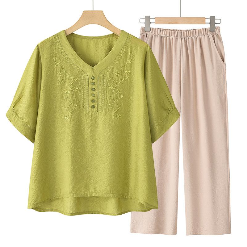 Linen Silk Embroidered Short Sleeve Women's T-Shirt Set New Summer Style Two-Piece Suit for Middle-Aged Mothers