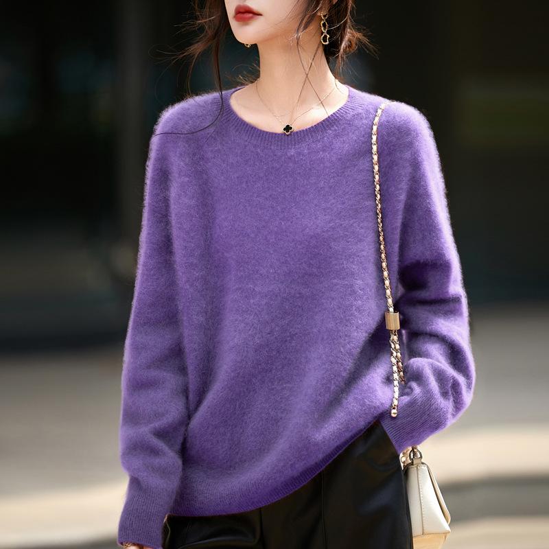 Women's Seamless Cashmere Wool Blend Crew Neck Sweater - Brushed Knit One-Piece Base Layer for Fall/Winter