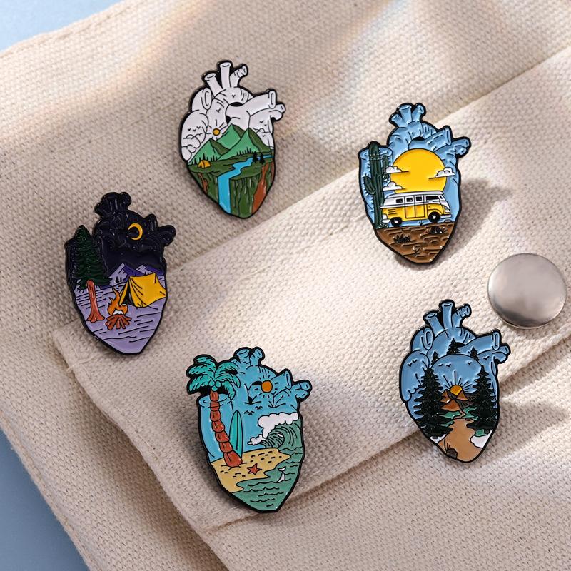 Landscape Rive Moutain Tent Bus In Heart Metal Design Badges Brooch Enamel Pins Label Bag Backpack Hat Jewelry Gift Accessories