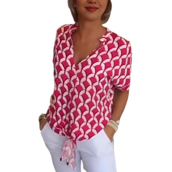 

Женская повседневная рубашка с v-образным вырезом и воротником-стойкой, пуловер с короткими рукавами, топы с принтом, свободная блузка на шнуровке, топ миди длины 2XL красный