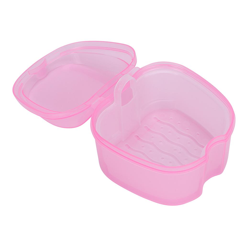 Denture Bath Case Box Soak Container Colored False Teeth Storage Box with Strainer BasketPink