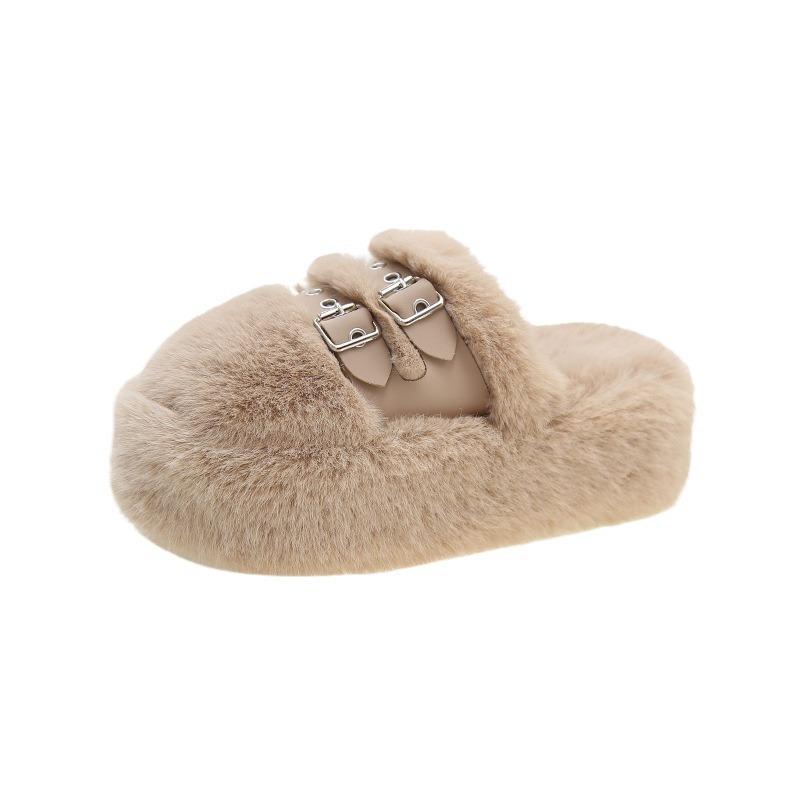 7 cm niche design thick-soled fluffy slippers for women to wear 2025 autumn and winter new bag head plush cotton shoes