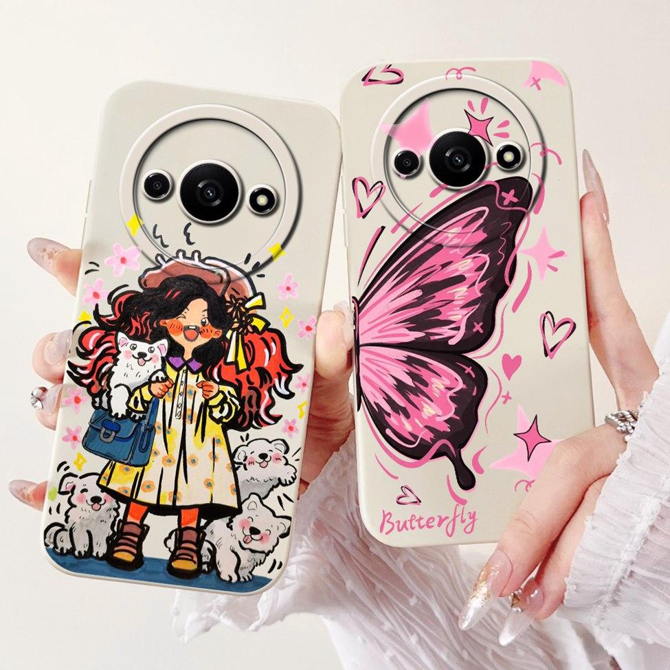 Für Redmi A3 Hülle Niedliche Cartoon Katze Ästhetisch Blumenmädchen Junge Stoßfeste Silikon-Rückabdeckung Für Xiaomi Redmi A3 Handyhülle Coque
