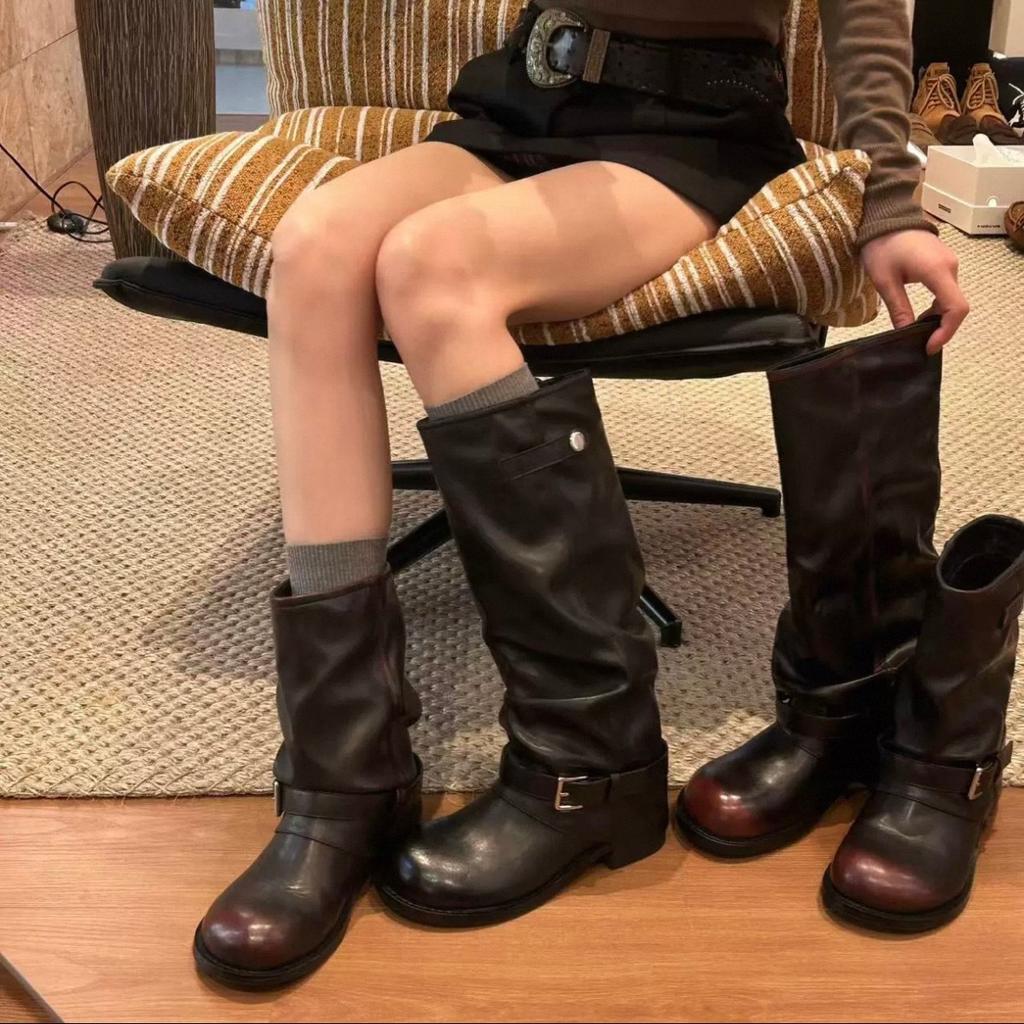 Cowhide version~ retro trousers fashion stacked short boots women's 2025 new thick heel pleated wasteland Martin boots