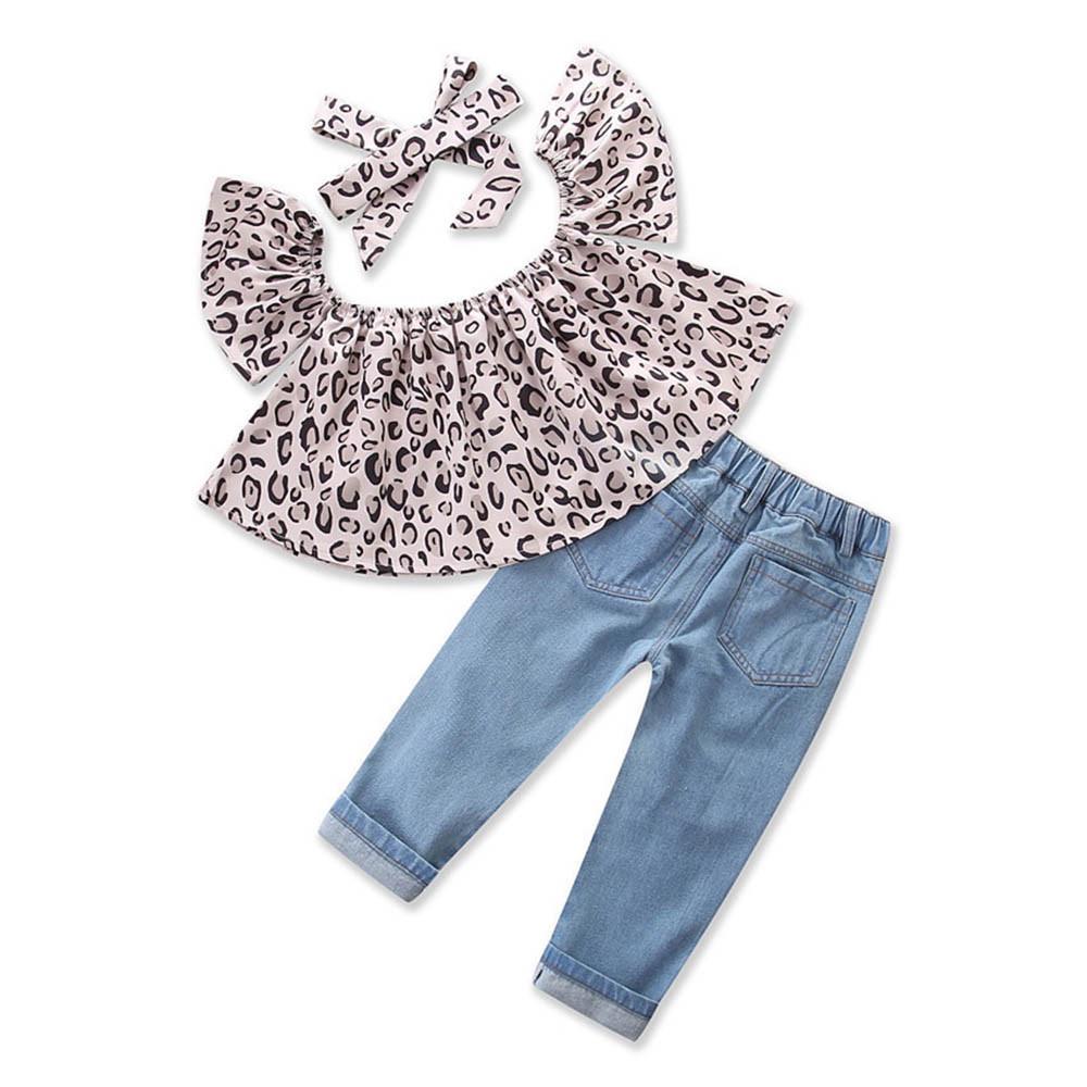 Hole Denim Shorts Outfits Clothing Set 6M-4T Toddler Baby Girls Off Shoulder Bow Leopard Print Tops