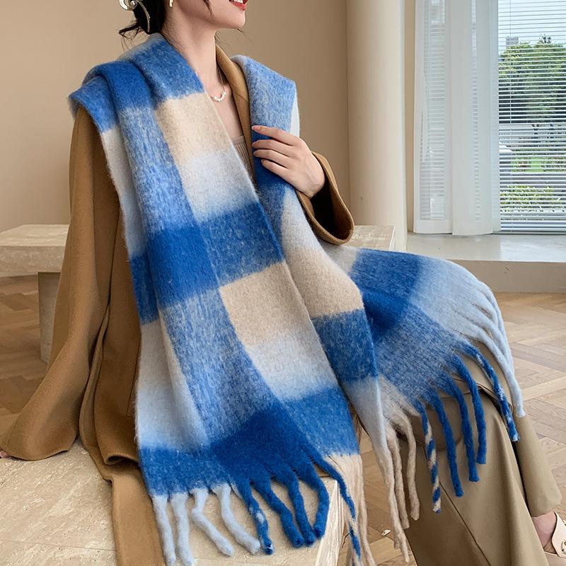 Winter New Scarf Women's Winter Thickened Warm Scarf Colored Plaid Fringed Scarf Shawl Fashionable Outer Cover