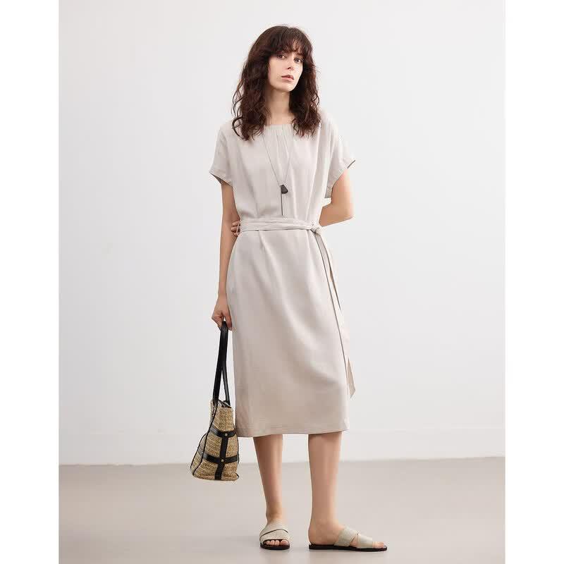 Demana Linen Blend Round Neck Midi Dress S
