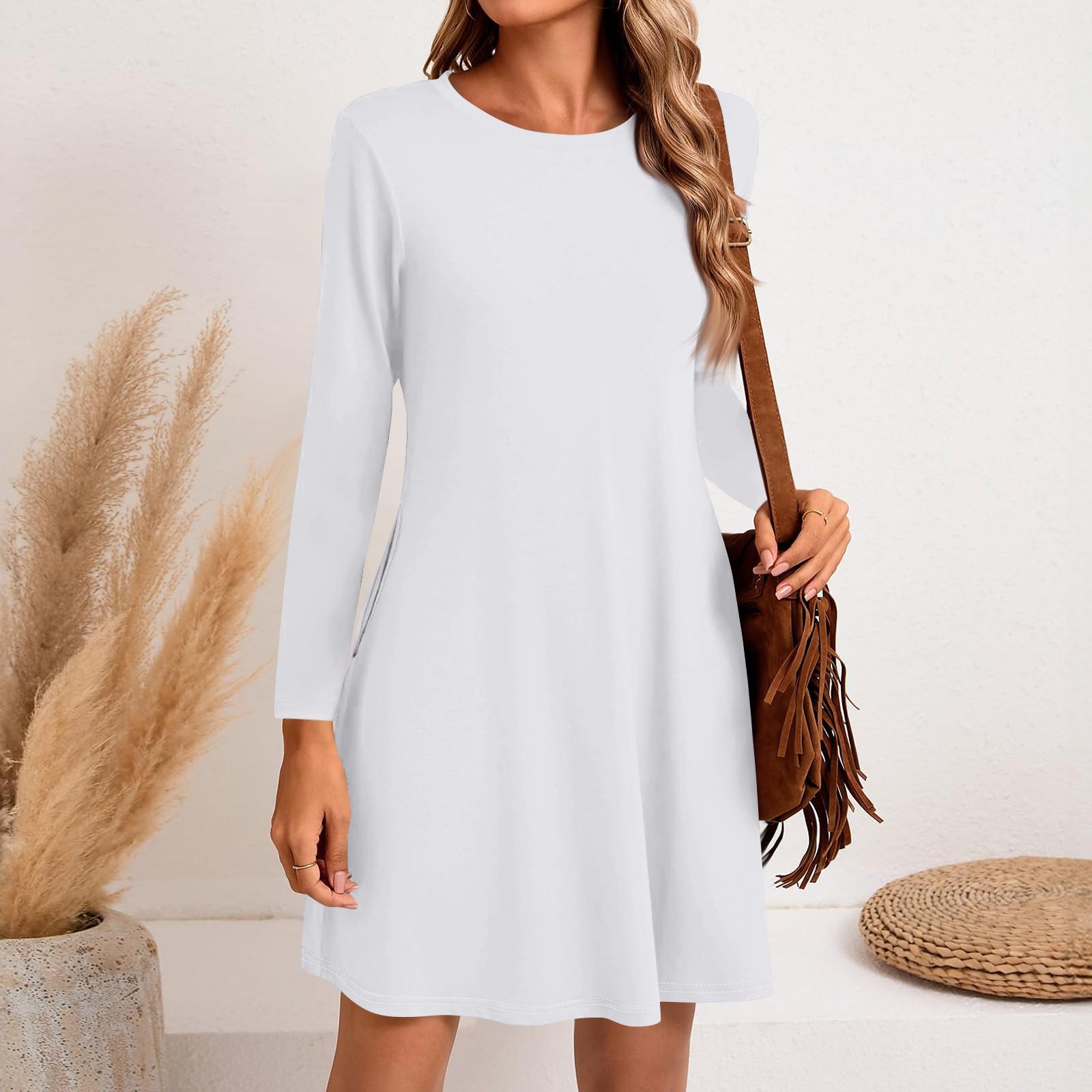 

Жіноча модна повсякденна суцільна сукня з круглим вирізом і довгими рукавами, короткими бічними кишенями XXL білий