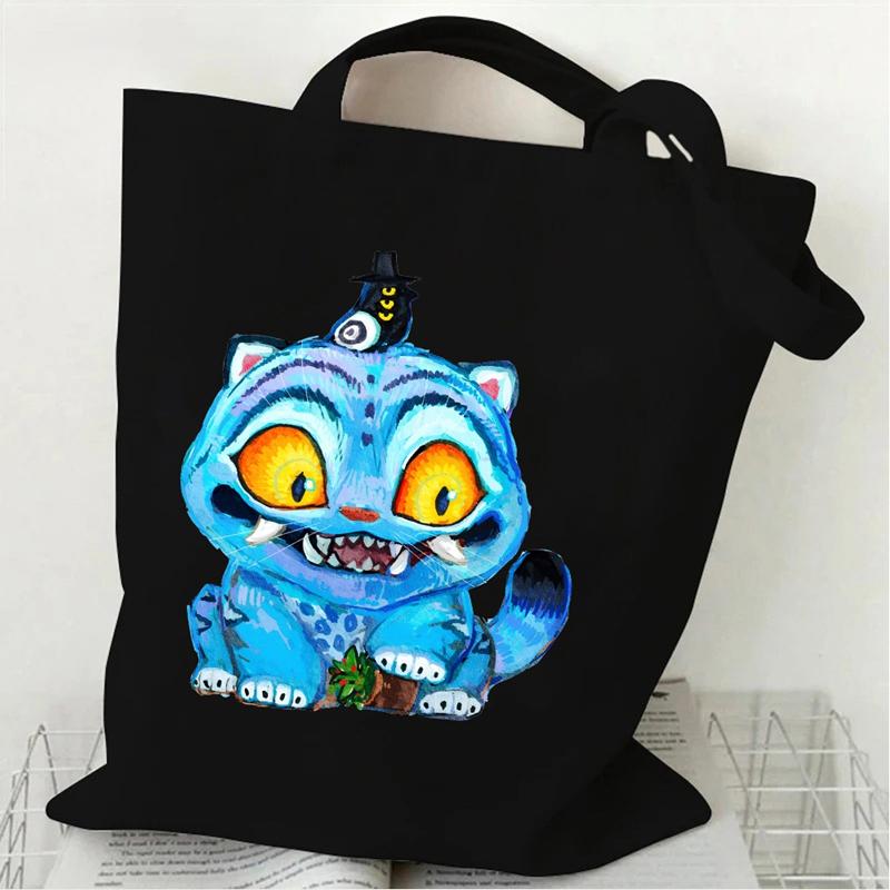 New Kpop Demon Hunters Black White Canvas Bag Saja Boys Anime Print Tote Bag Girls Trendy Lightweight Shoulder Bag