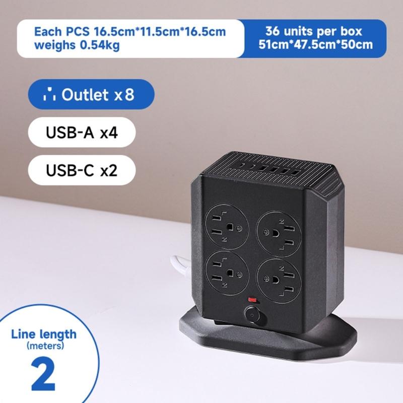 Multiple Device Charging Station Vertical Design 8 Outlets Small Power Tower Plastic Texture for Desks and Travel