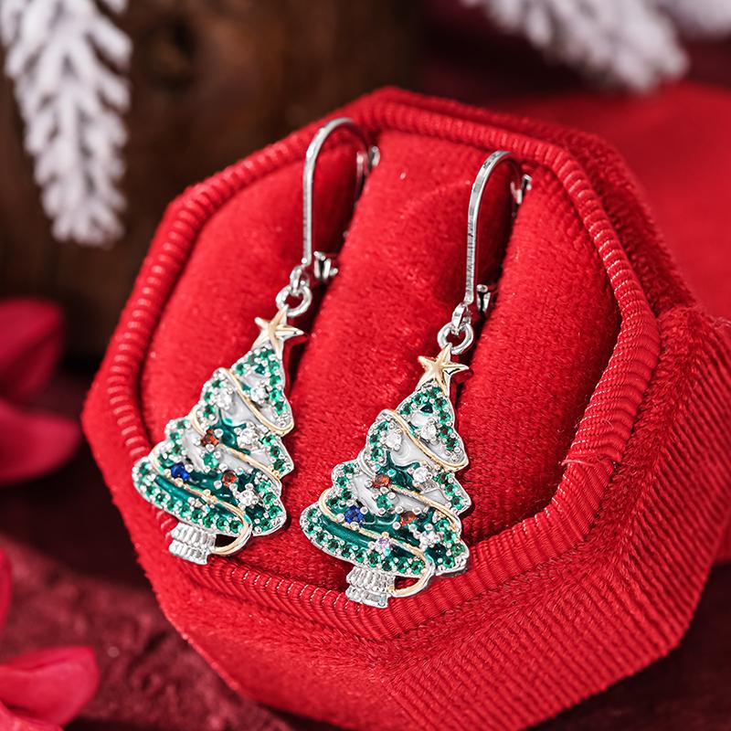 Huitan Creative Christmas Tree Drop Earrings for Women Gorgeous Brilliant Ear Accessories for Party Modern Stylish Chic