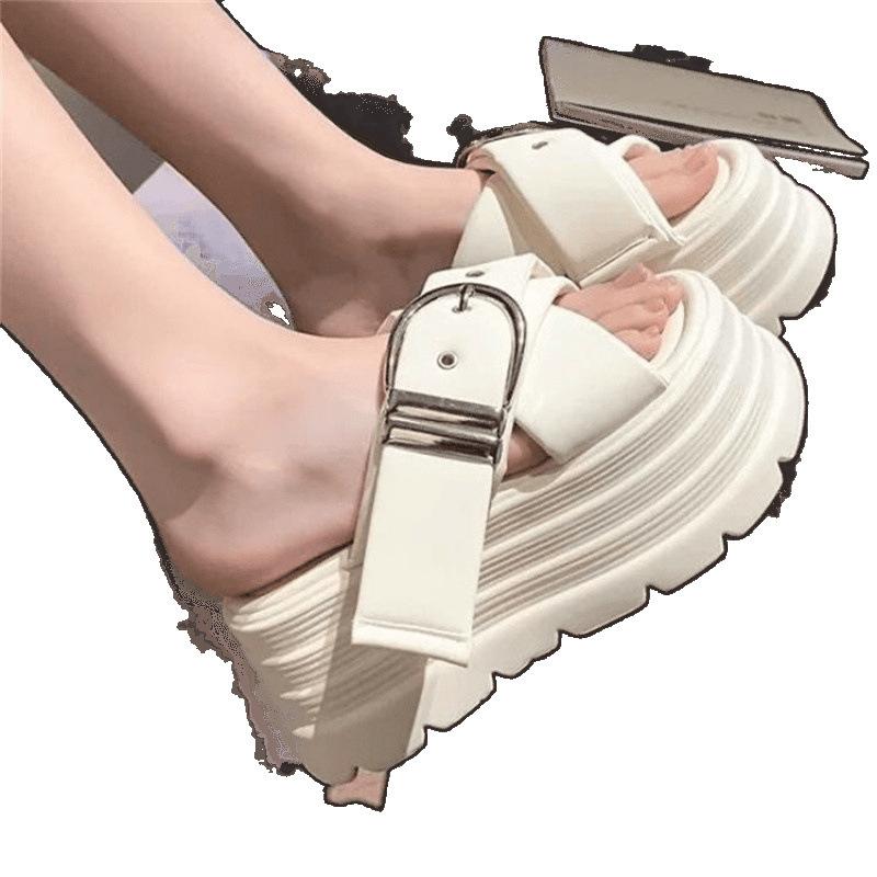 Thick-soled slippers for women to wear 2024 summer soft leather cross-toe stepping on shit sandals casual lazy slippers