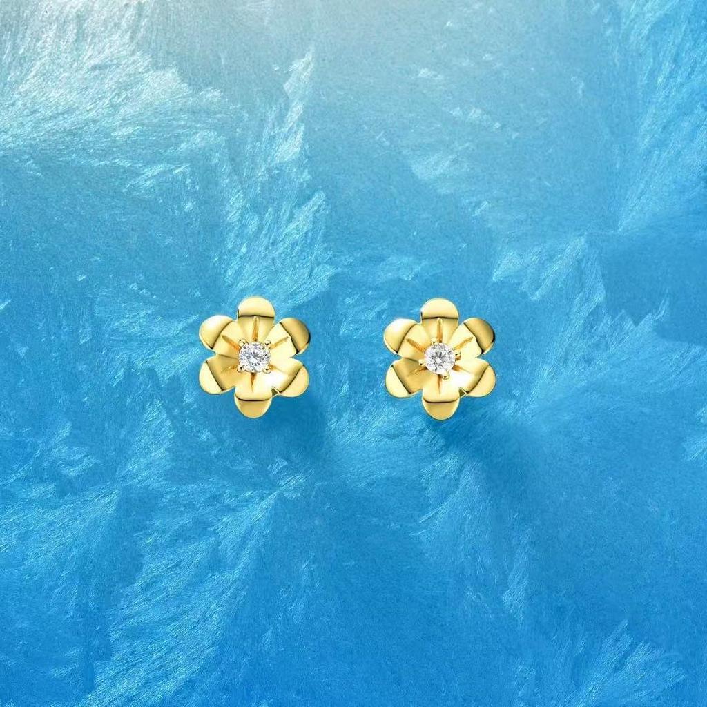 Gold Flower Zircon Stud Earrings 925 Sterling Silver Vintage Luxury