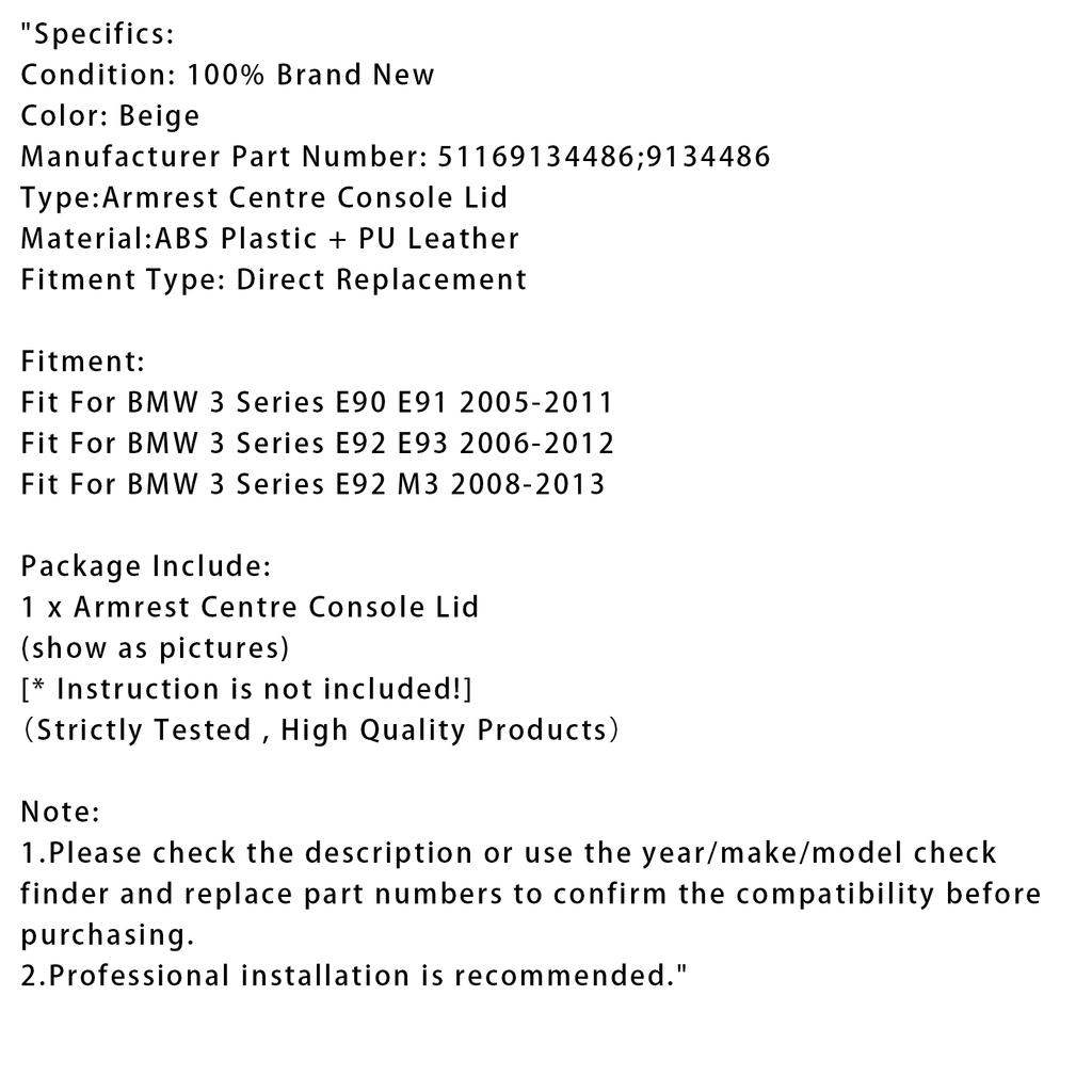 Béžová kožená loketní opěrka víko středové konzoly pro BMW E90 E91 E92 E93 51169134486