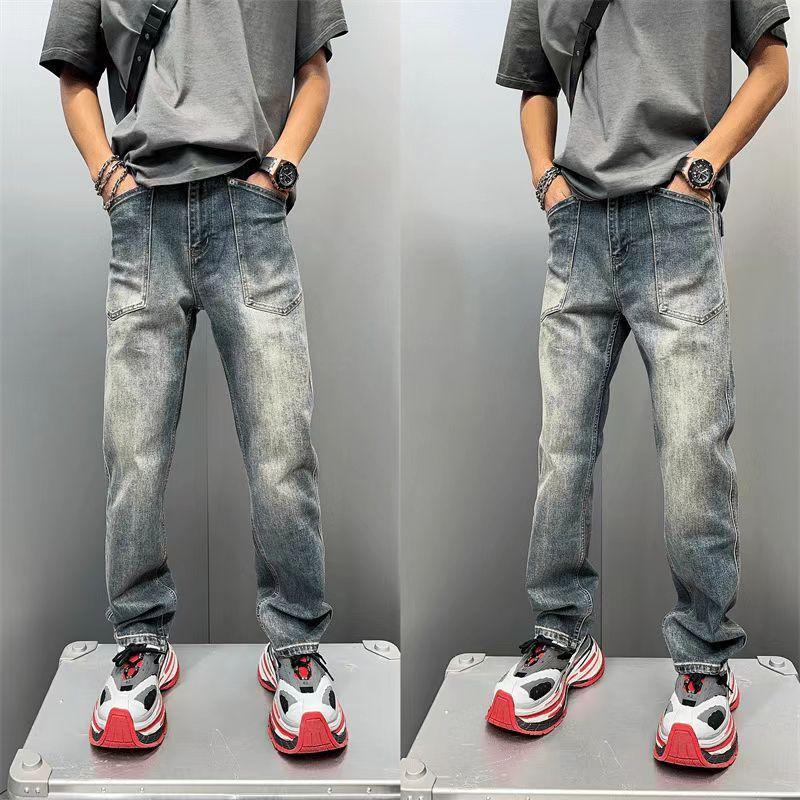 American Retro Washed Blue Old Micro-elastic Jeans Men's Straight Loose Casual Pants High-end Sense Ruffian Handsome Trousers Tide