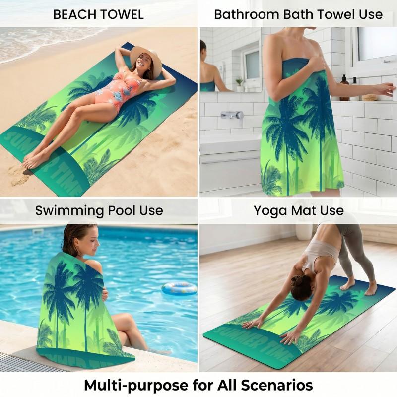 Quick-Dry Foldable Beach Towel With Carry Bag Double-Sided Plush Coconut Print Bath Travel Pool Vacation