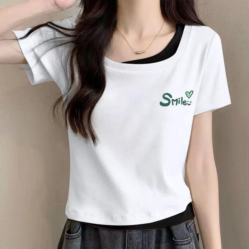

Women s Petite Faux Two-Piece Square Neck Cotton T-Shirt, Short-Sleeve, Printed, 2026 New Collection S [70-90 jin]