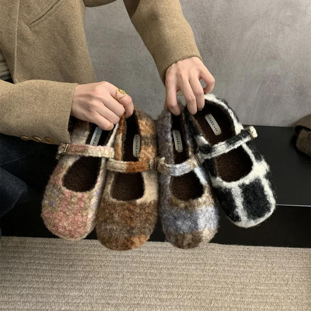 Fashion IPPEUM Mary Janes Shoes Women Winter Ballet Flats Buckle Plush Ballerinas Zapatos Mujer
