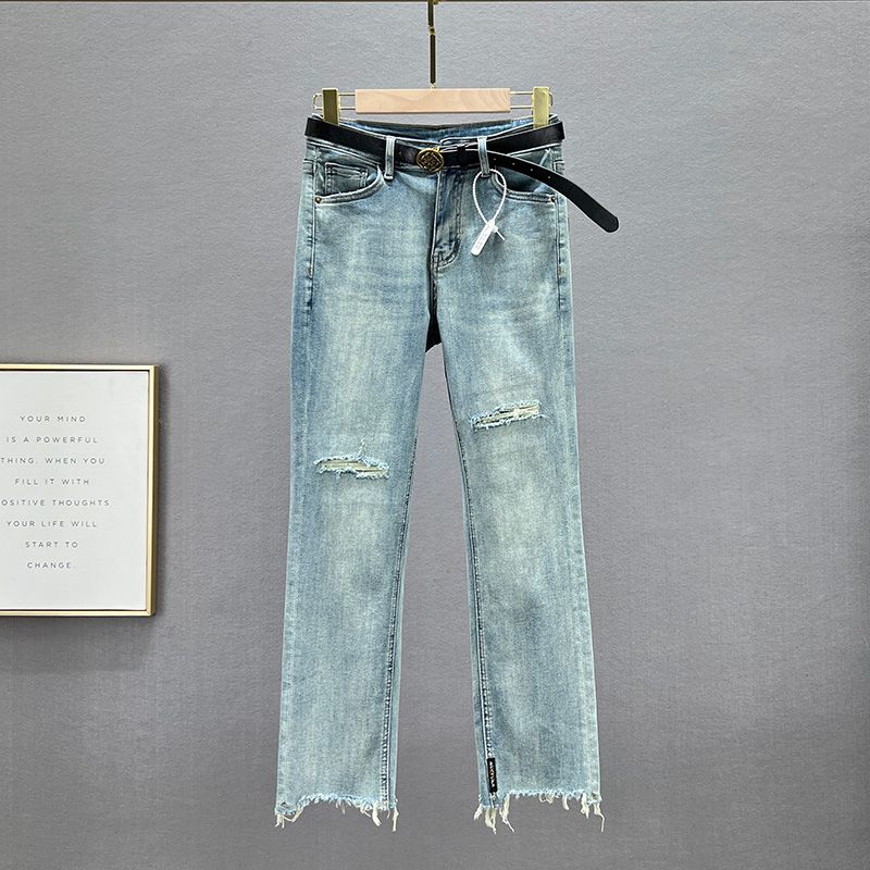 

Рваные эластичные джинсы с высокой посадкой, облегающие, стройнящие, на все случаи жизни Light blue 26