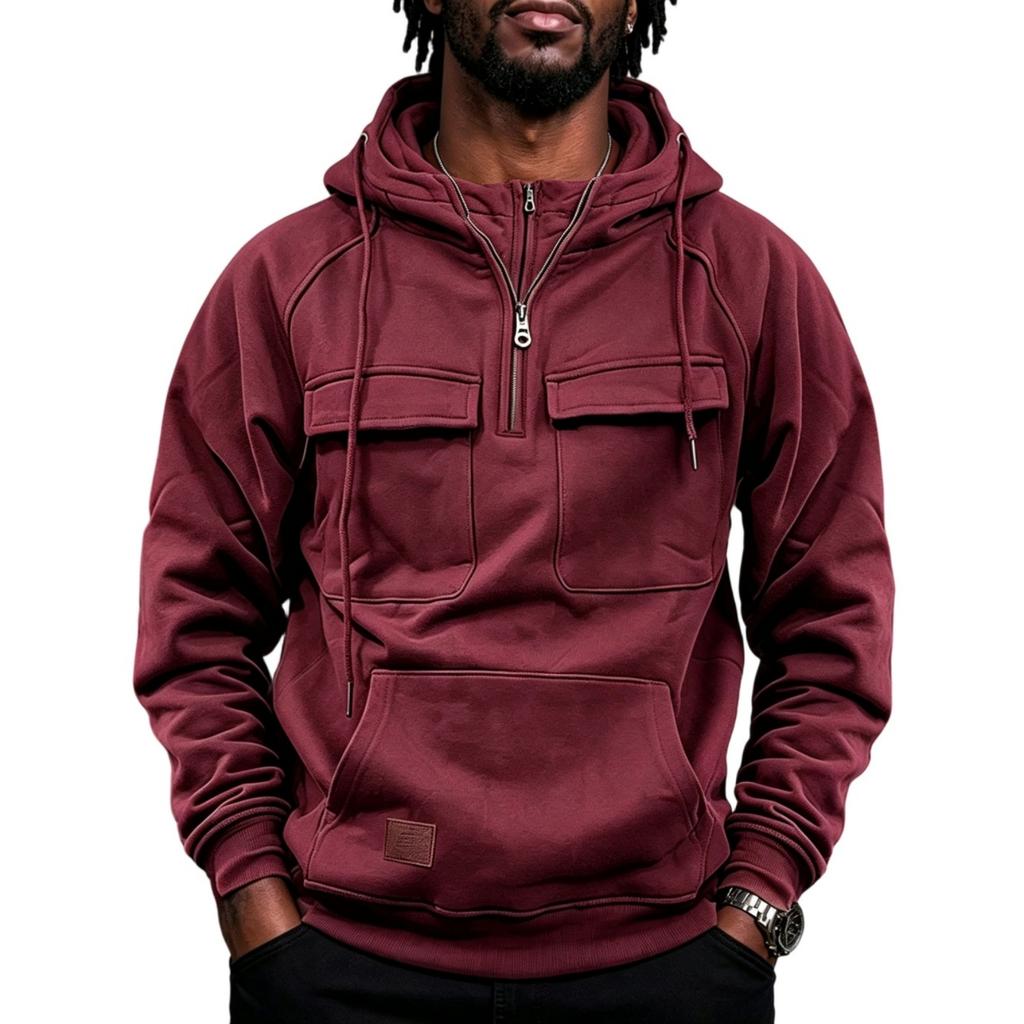 Men's Lined Hooded Pullover Sweatshirt with Multiple Pockets