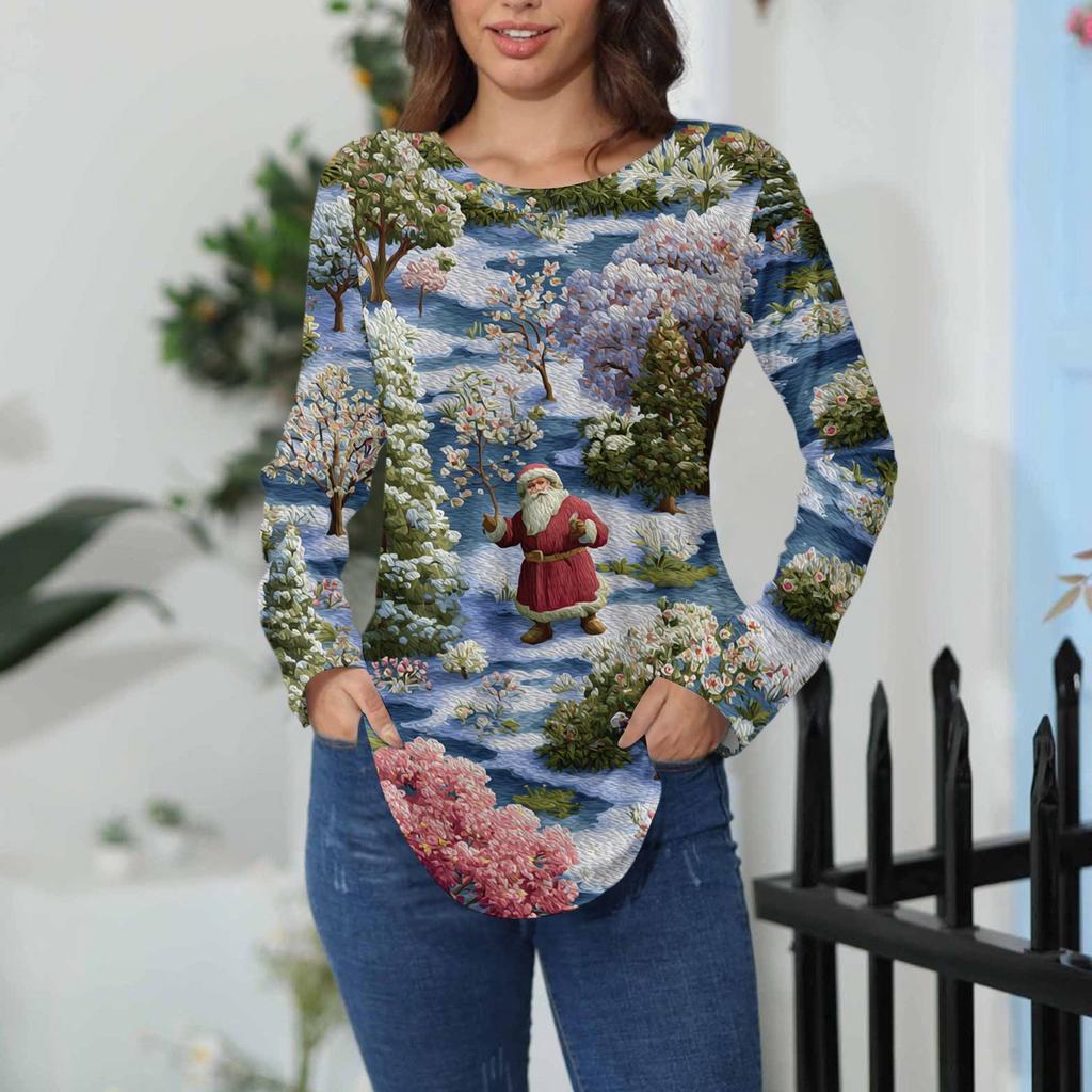 Tee Shirts For Women Casual Round Neck Long Sleeve Shirts Christmas Printing Top Pullover